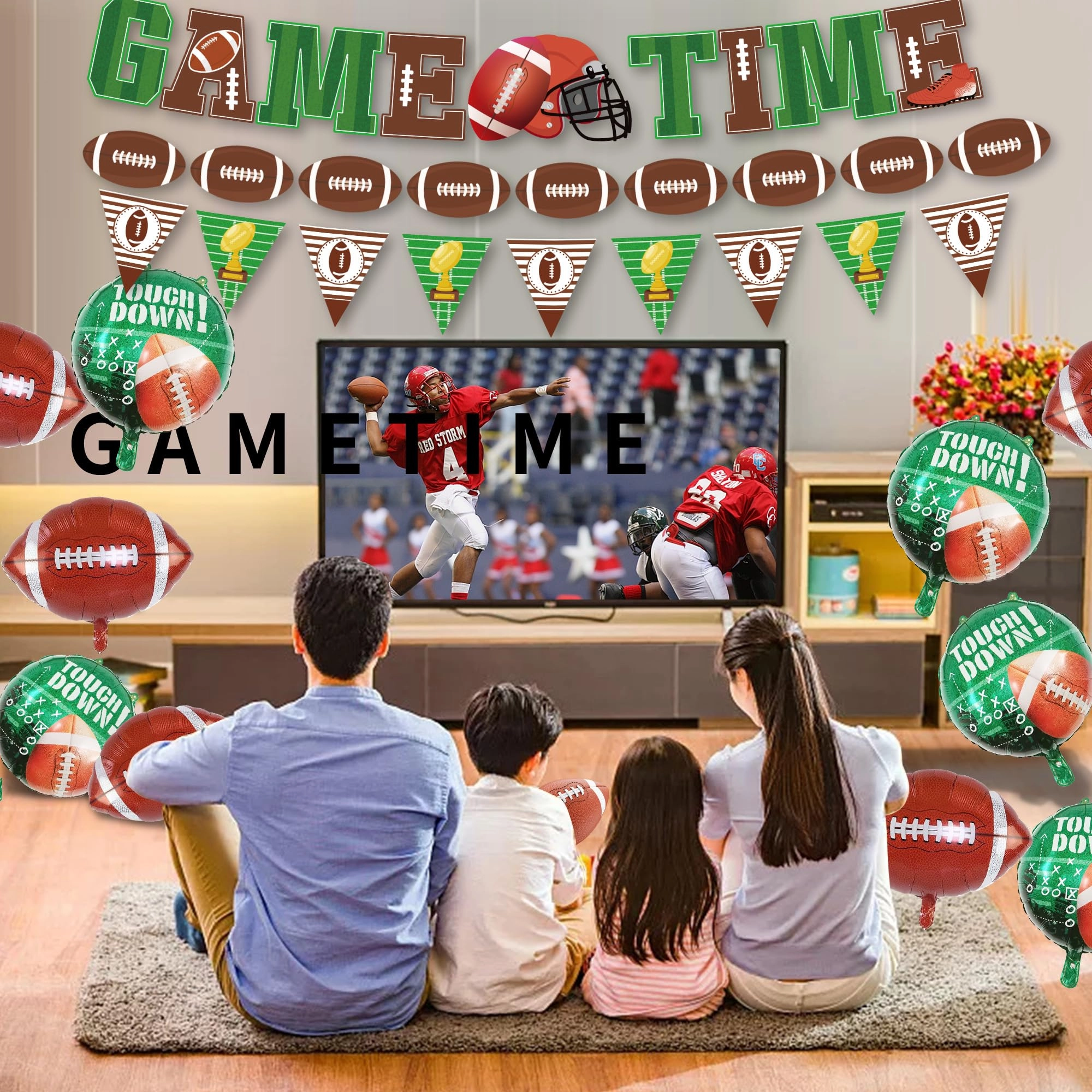 GAME TIME Banner + Round 'Touchdown!' Foil Balloon - 6 Pcs + Football Foil Balloon - 6 Pcs