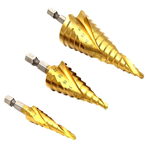Spiral Grooved Step Drill Bit Set - High Speed Steel Titanium Coated 3pcs 4-32mm/4-20mm/4-12mm