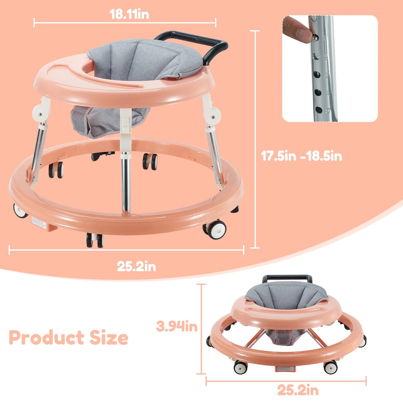 Baby Walker - Foldable 5-Position Height Adjustable