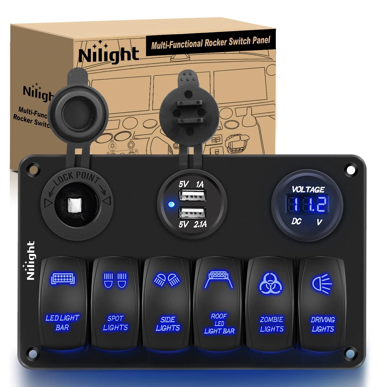 Nilight 6 Gang Rocker Switch Panel - PD Type C USB Charger Voltmeter 12V