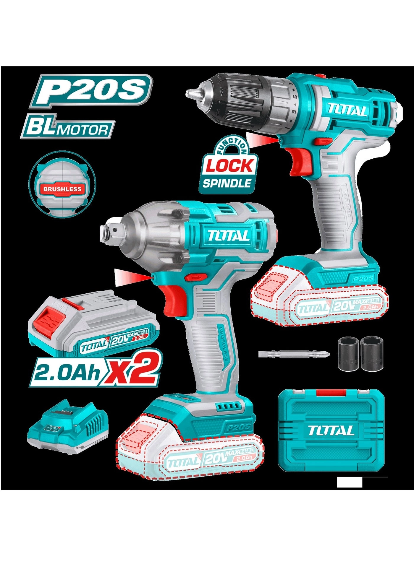 Cordless Drill - 2.0 Ampere-hour 20V + Impact Wrench