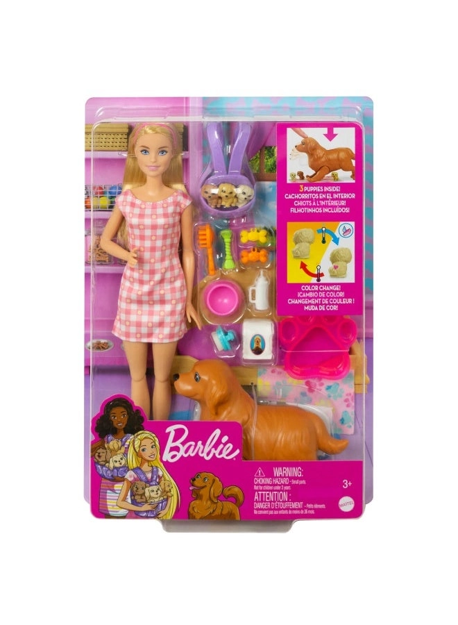 Barbie Newborn Pups Playset & Doll - 1 Dog Figure 3 Puppy Figures Ages 5+