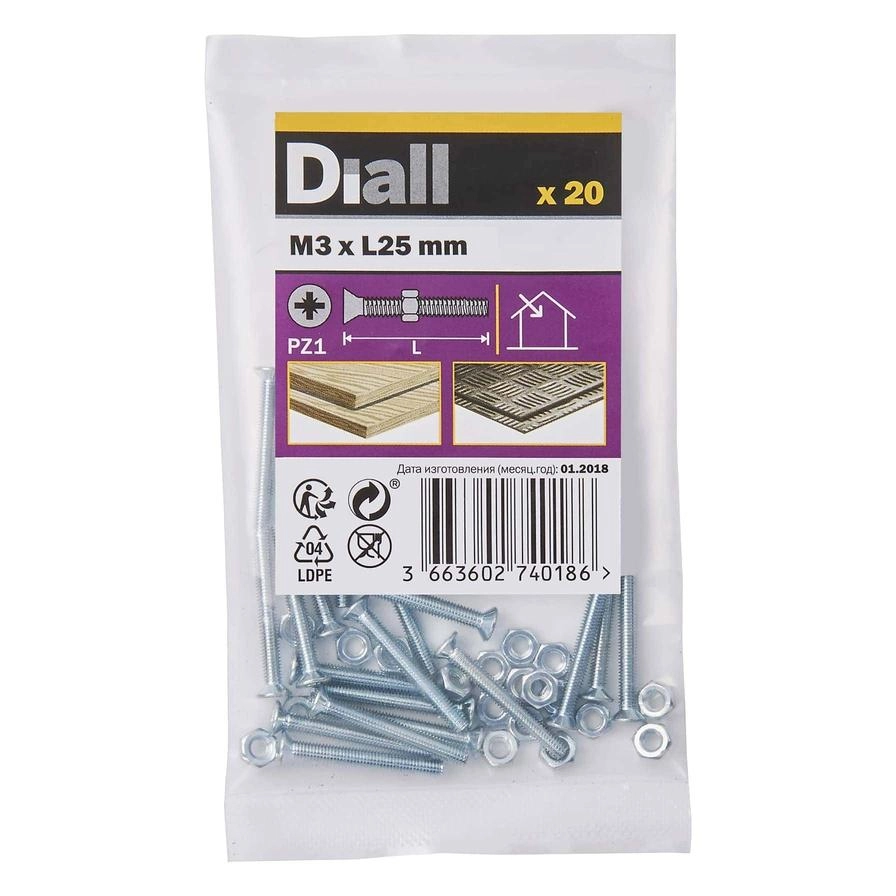 Diall M3 Countersunk Machine Screw & Nut - 25mm