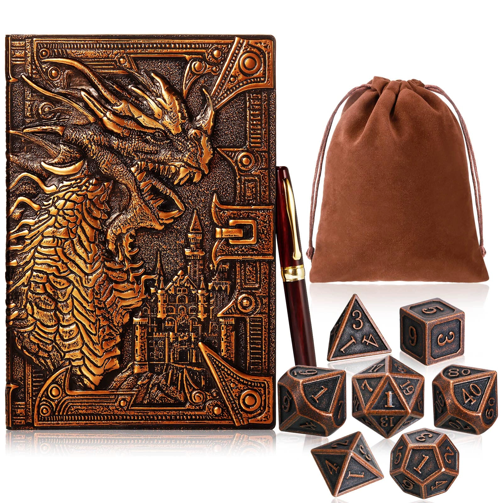 Outus Dragon journal + Wooden pen + Metal dice + Dice bag - 10 piece(s)