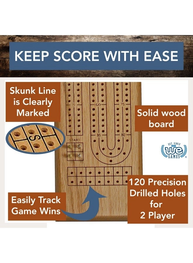 Classic Cribbage Set - Solid Oak Wood Continuous 2 Track Board with Metal Pegs