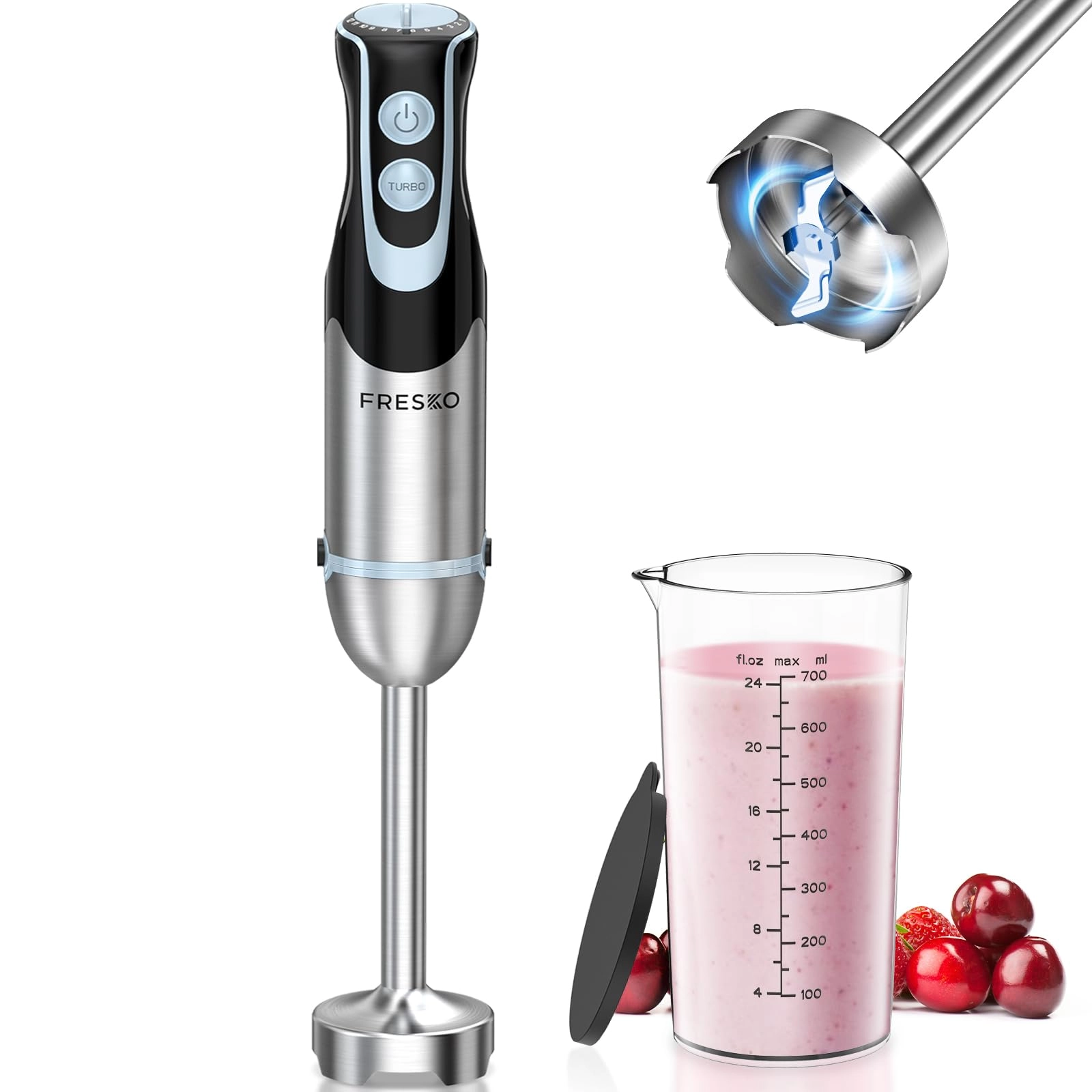 Fresko Immersion Handheld Blender - 12 Speed Turbo Mode 304 Stainless Steel Blades