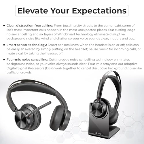 Voyager Focus 2 - Wireless Headset + Charge Stand + USB-C to A Adapter + USB Dongle + Pouch + Microfiber Cloth