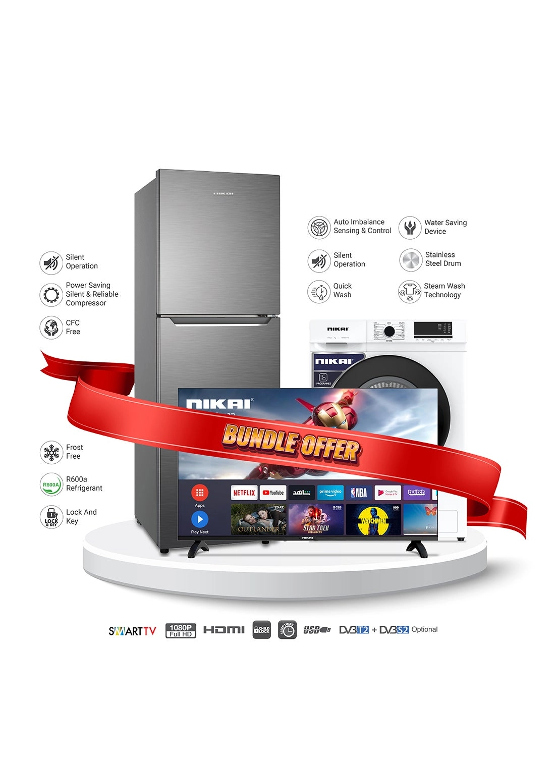 Nikai NRF310FSS - Double Door + NWM701FN9 - 7KG Front Load + NTV4300SLED - 42 Inch Smart LED