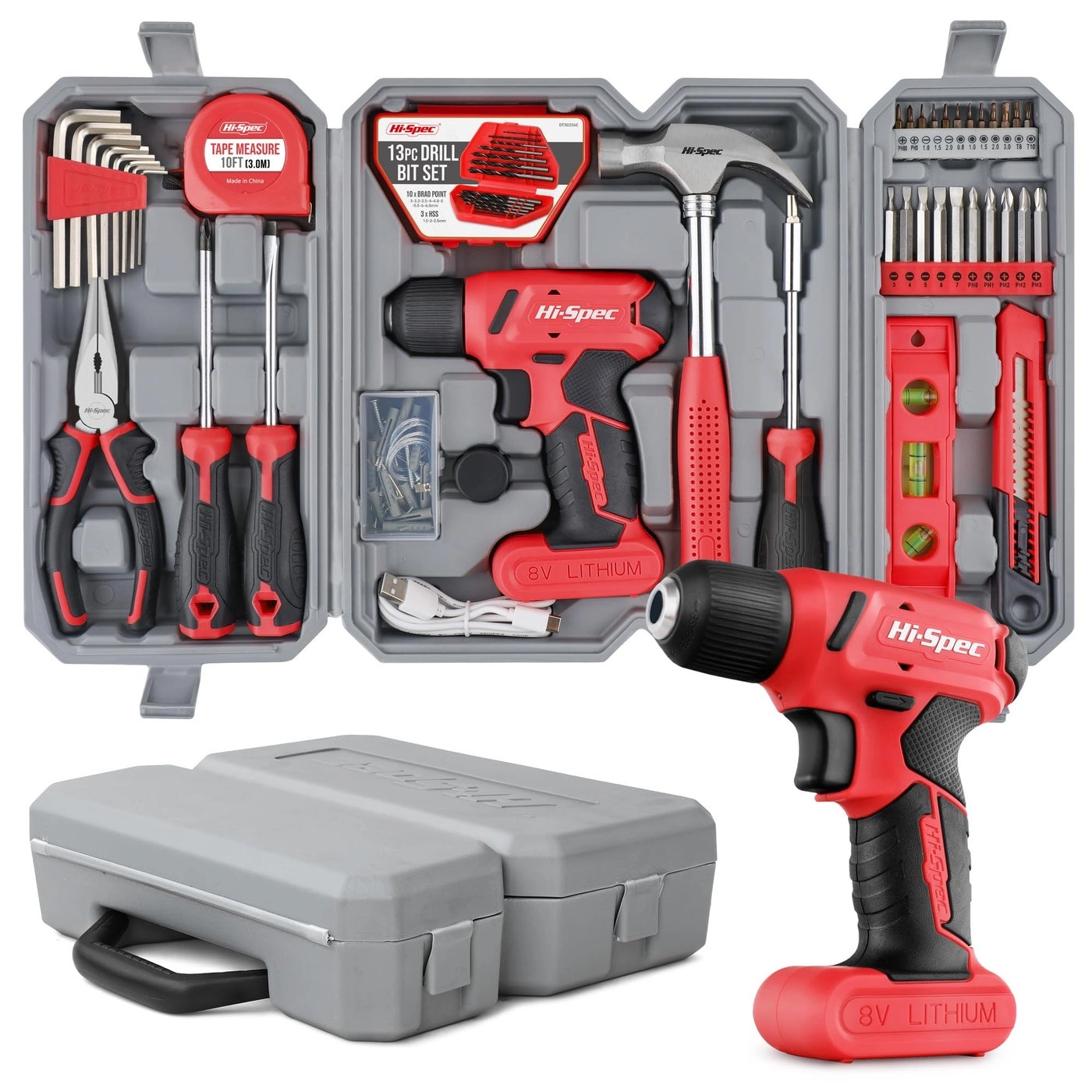 Hi-Spec Cordless Drill Driver - 8V + Screw Driver + Drill Bit Set + Pliers + Hammer + Toolbox Case