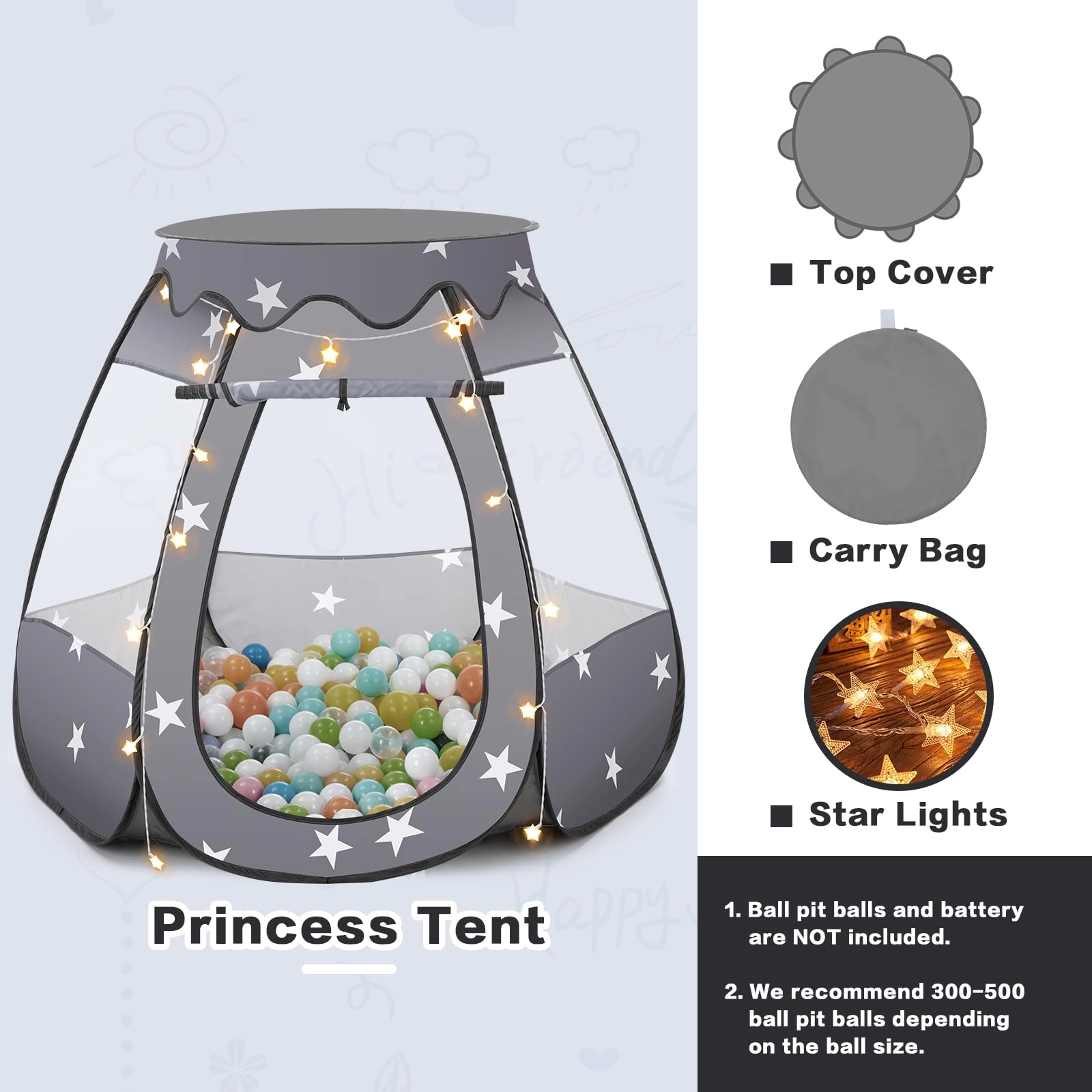 Pop Up Princess Play Tent - 43 inches L x 43 inches W x 36 inches H Black