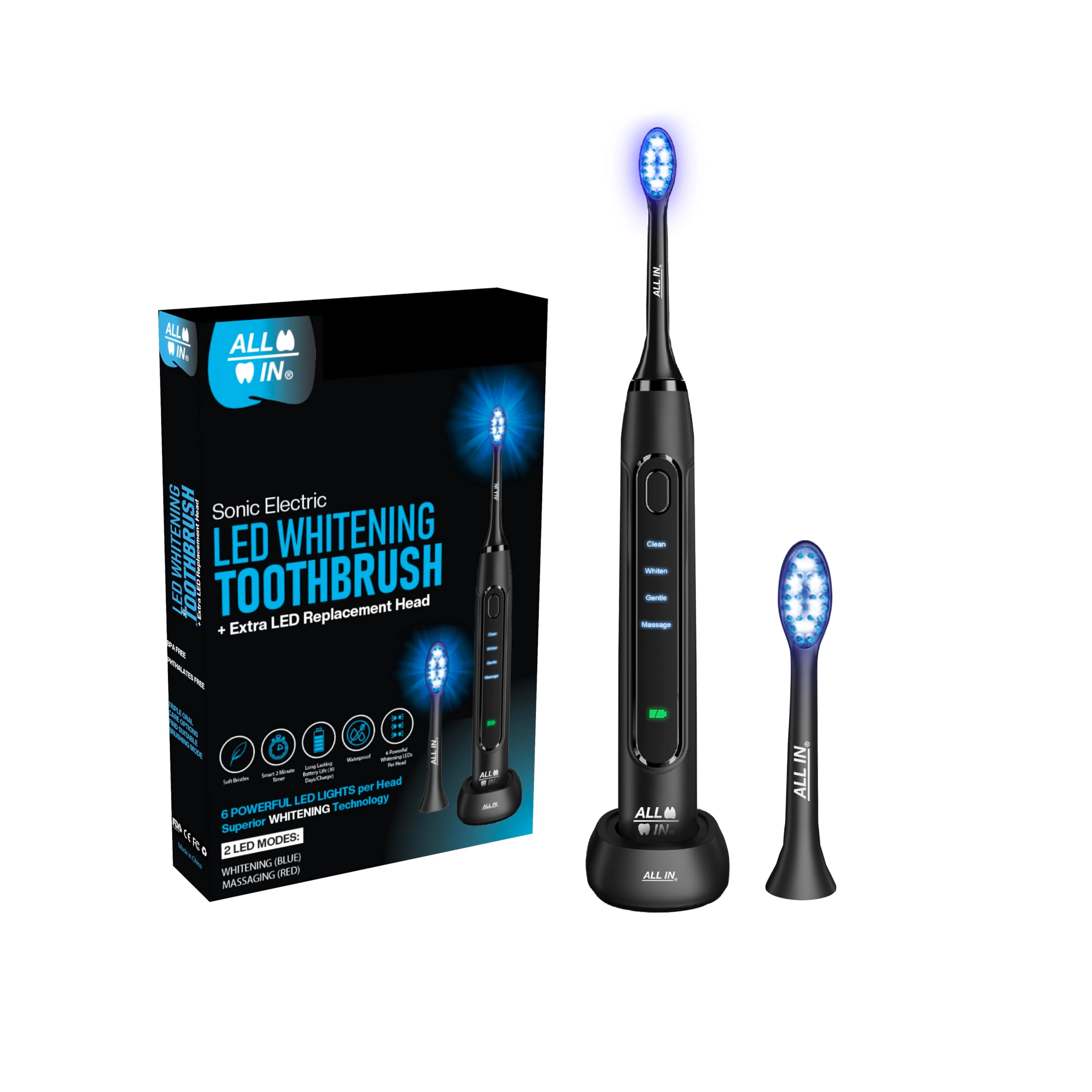 ALL-IN Sonic Electric LED Whitening Toothbrush - 1100 mAh 4 Modes