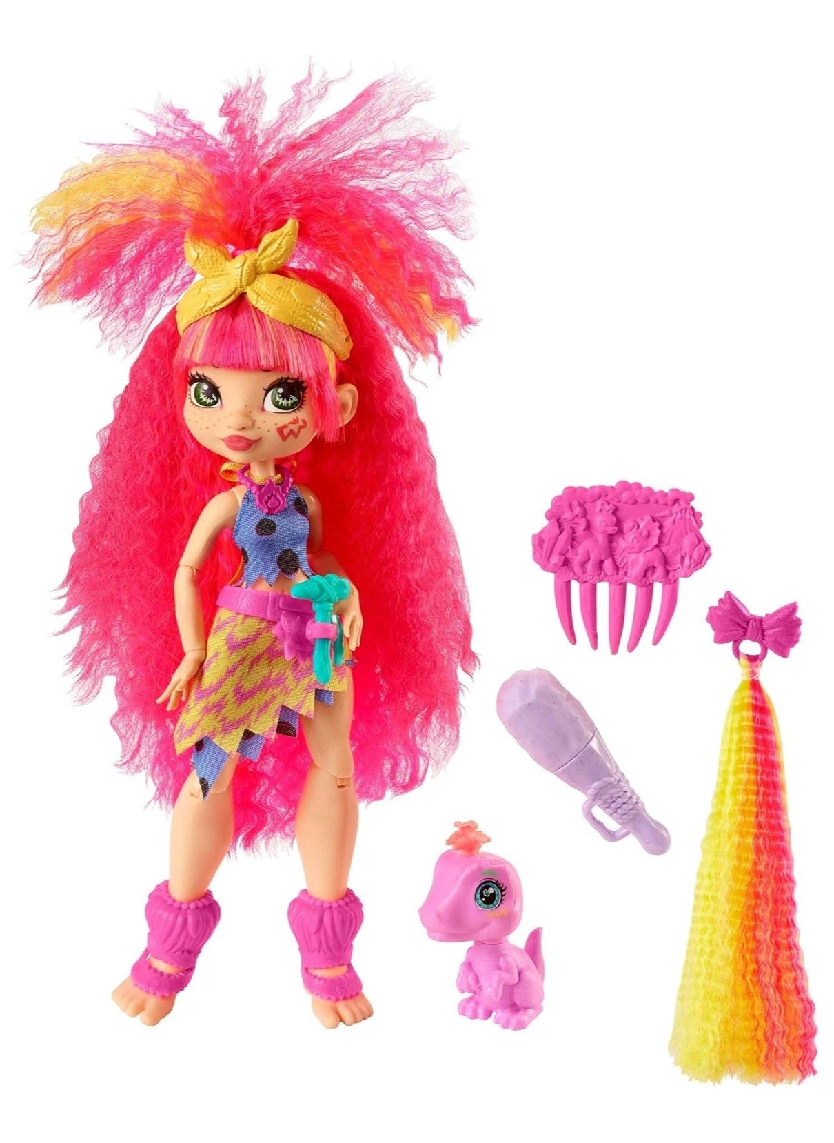 Emberly Poseable Prehistoric Fashion Doll - Pink Hair Polka-dotted Dress Ages 4+