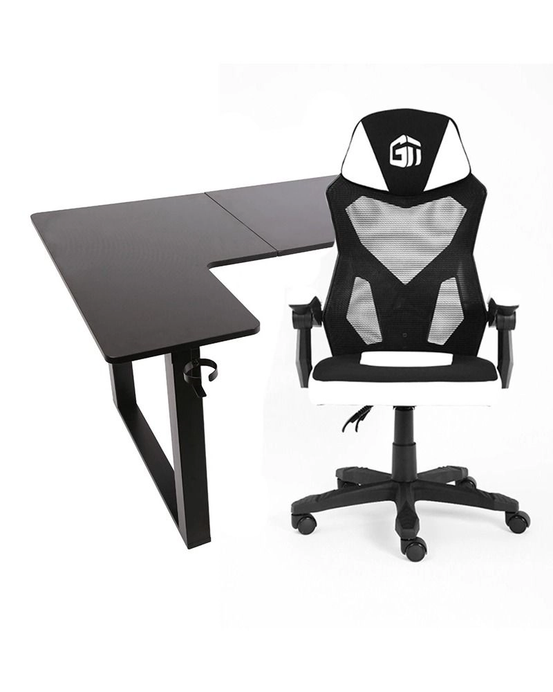 GamerTek Flexi Corner Gaming Desk - 160x100 cm + Ignite Gaming Chair - White