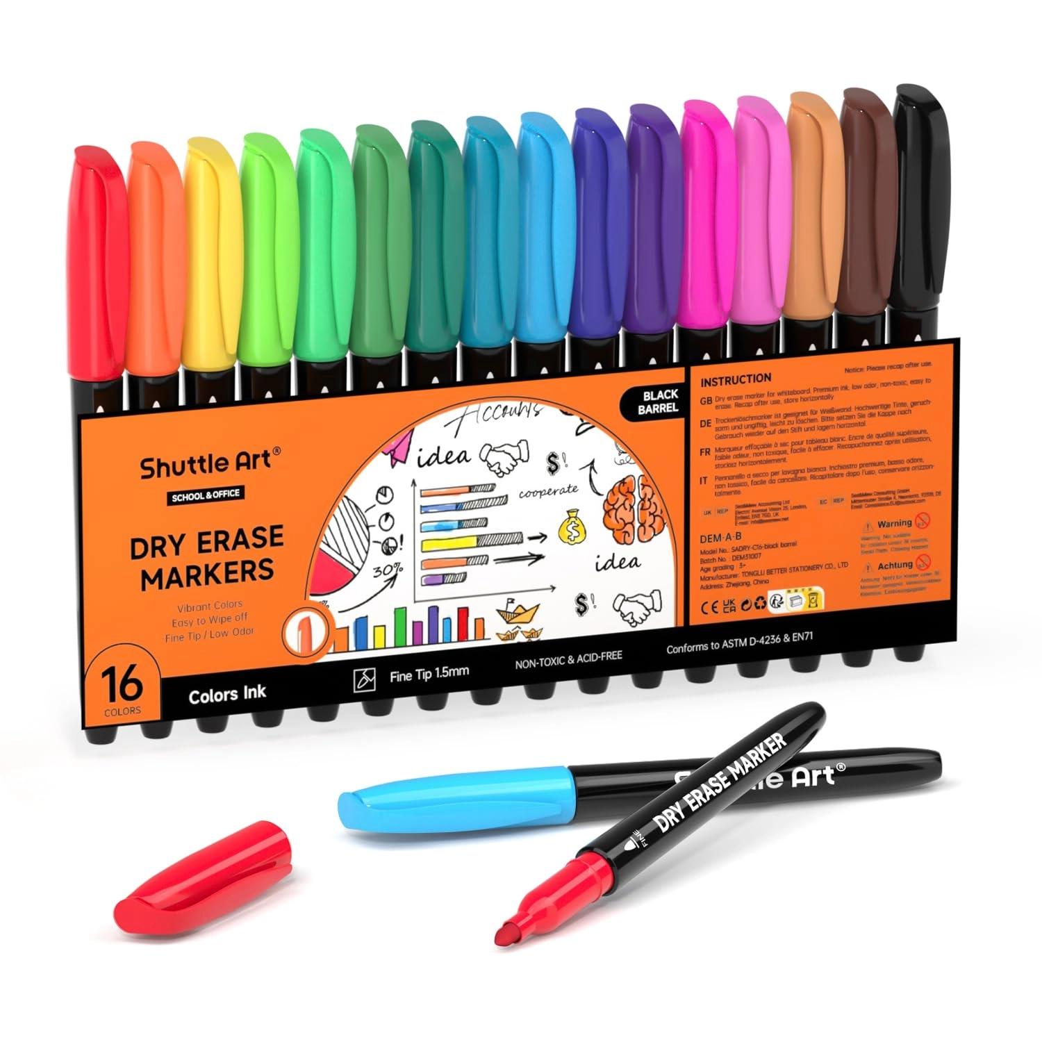 Shuttle Art Dry Erase Markers - 16 Colors Fine