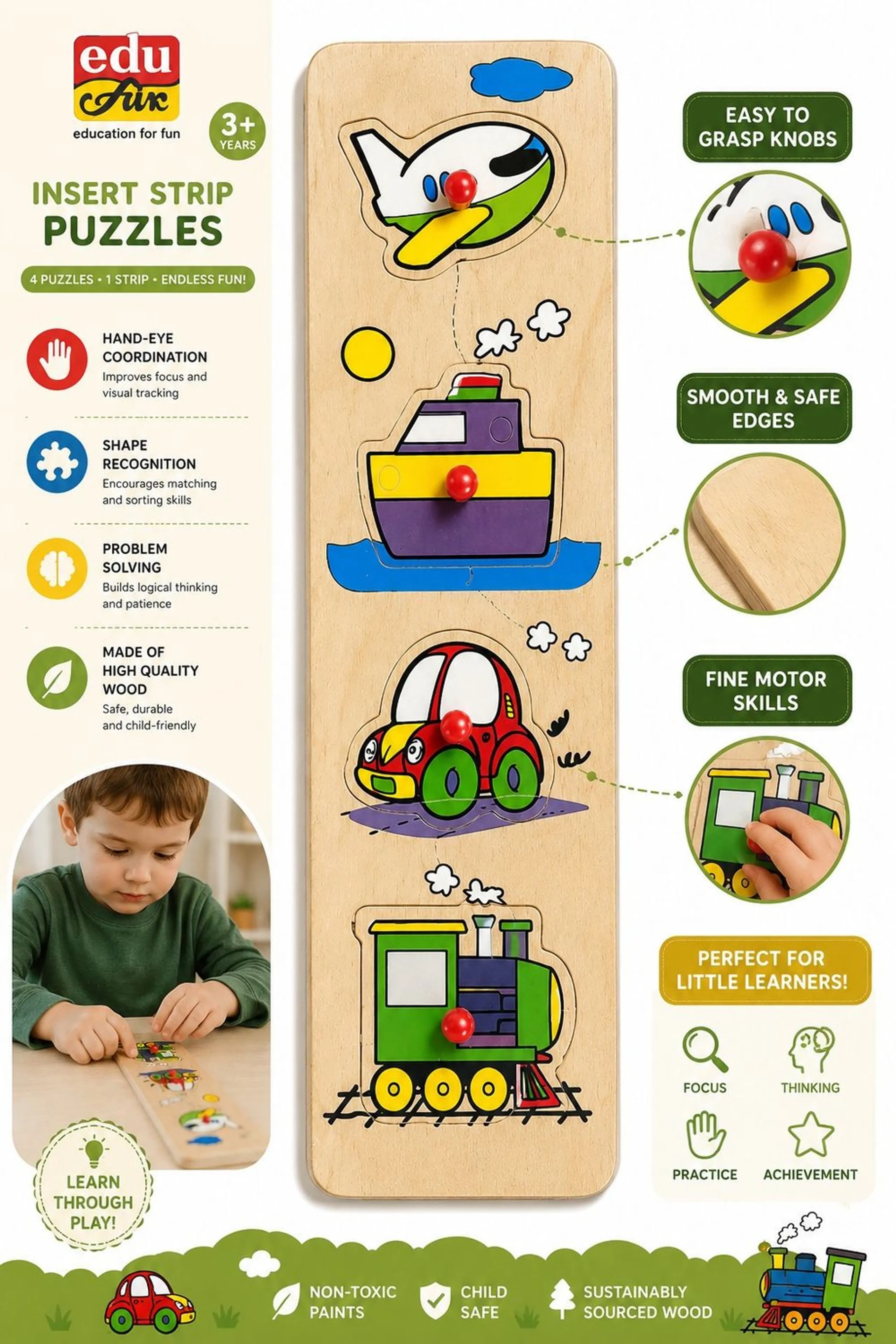 إديو فن Insert Strip Wooden Puzzle Set Vehicles - Suitable for 3 years & above 5 pieces