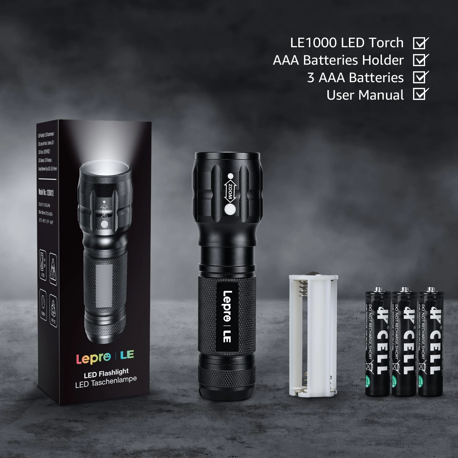 LED Flashlight - 140lm Waterproof Adjustable Focus 2 Pack