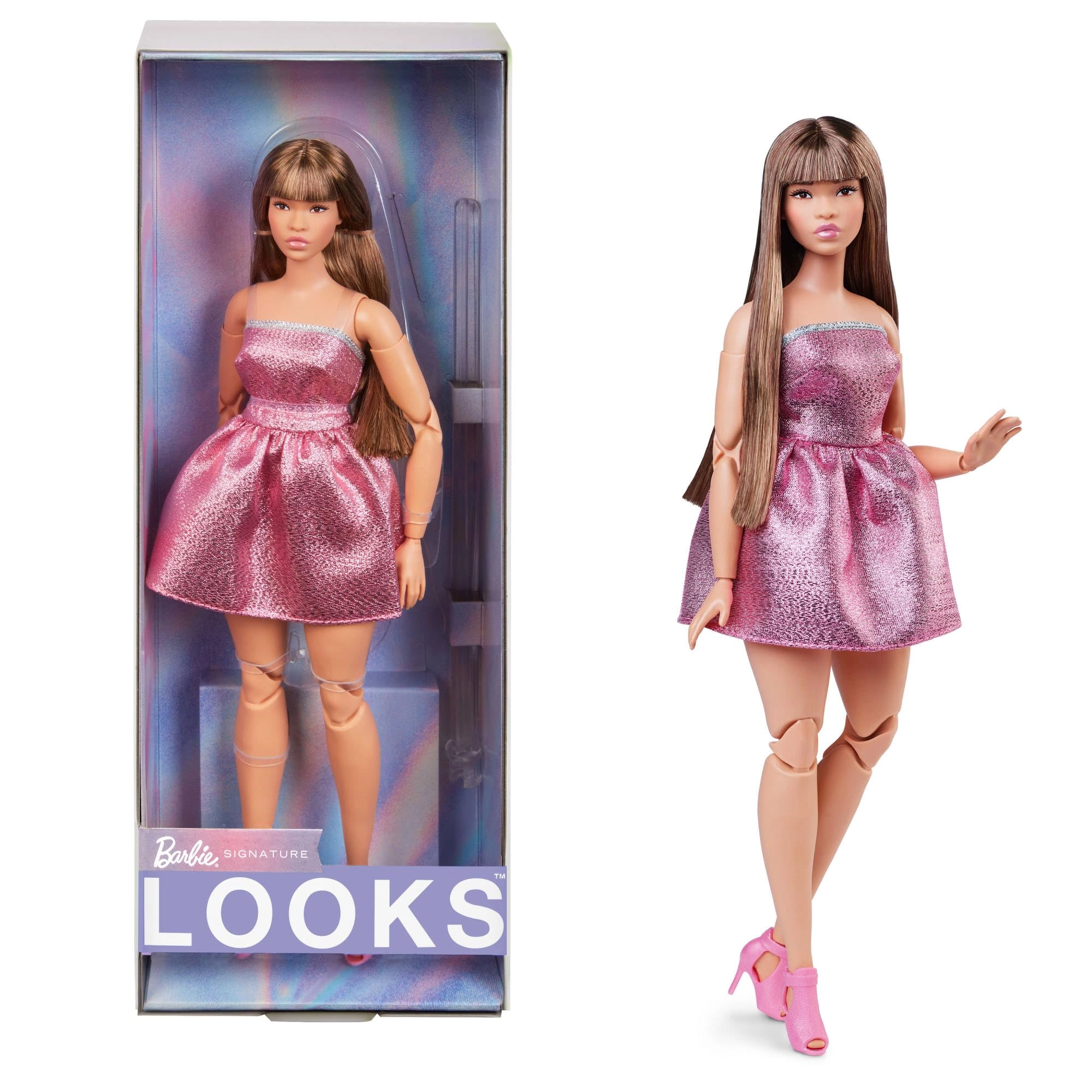 Barbie Looks - Brown Hair Shimmery Pink Strapless Dress Ages 6+