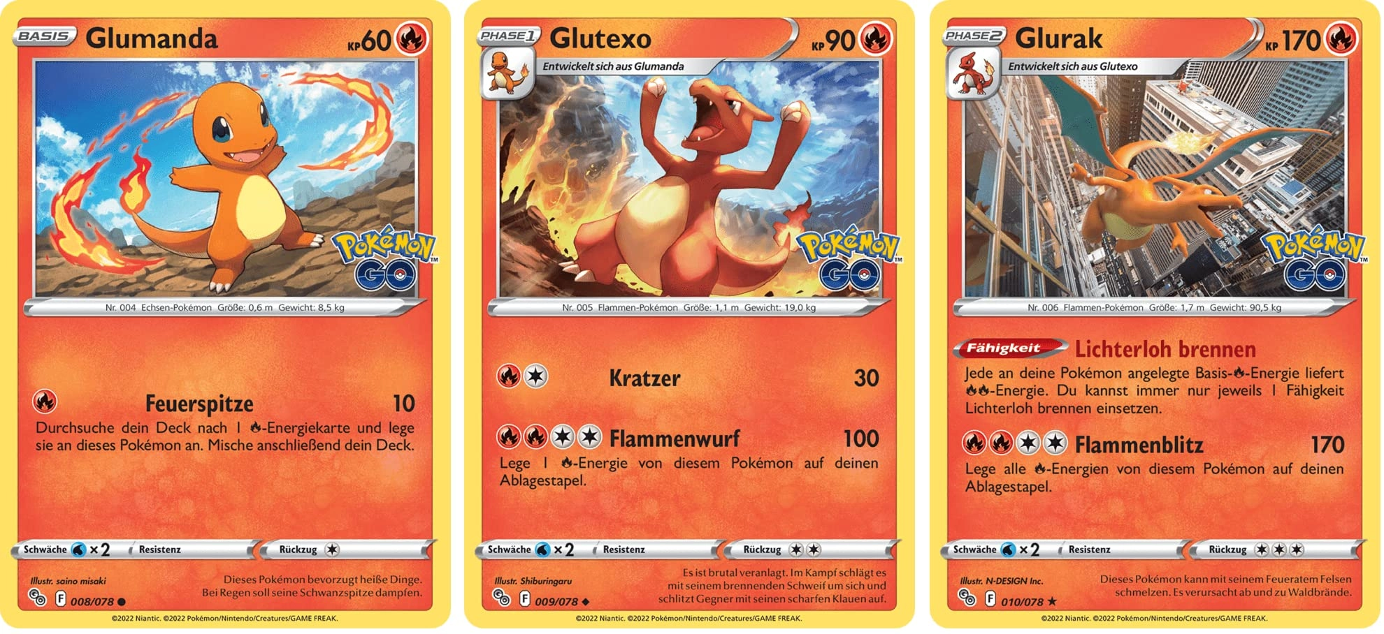 TCG Glumanda & Glutexo & Glurak Rare Holo Set Sword & Shield GO 8-10/78