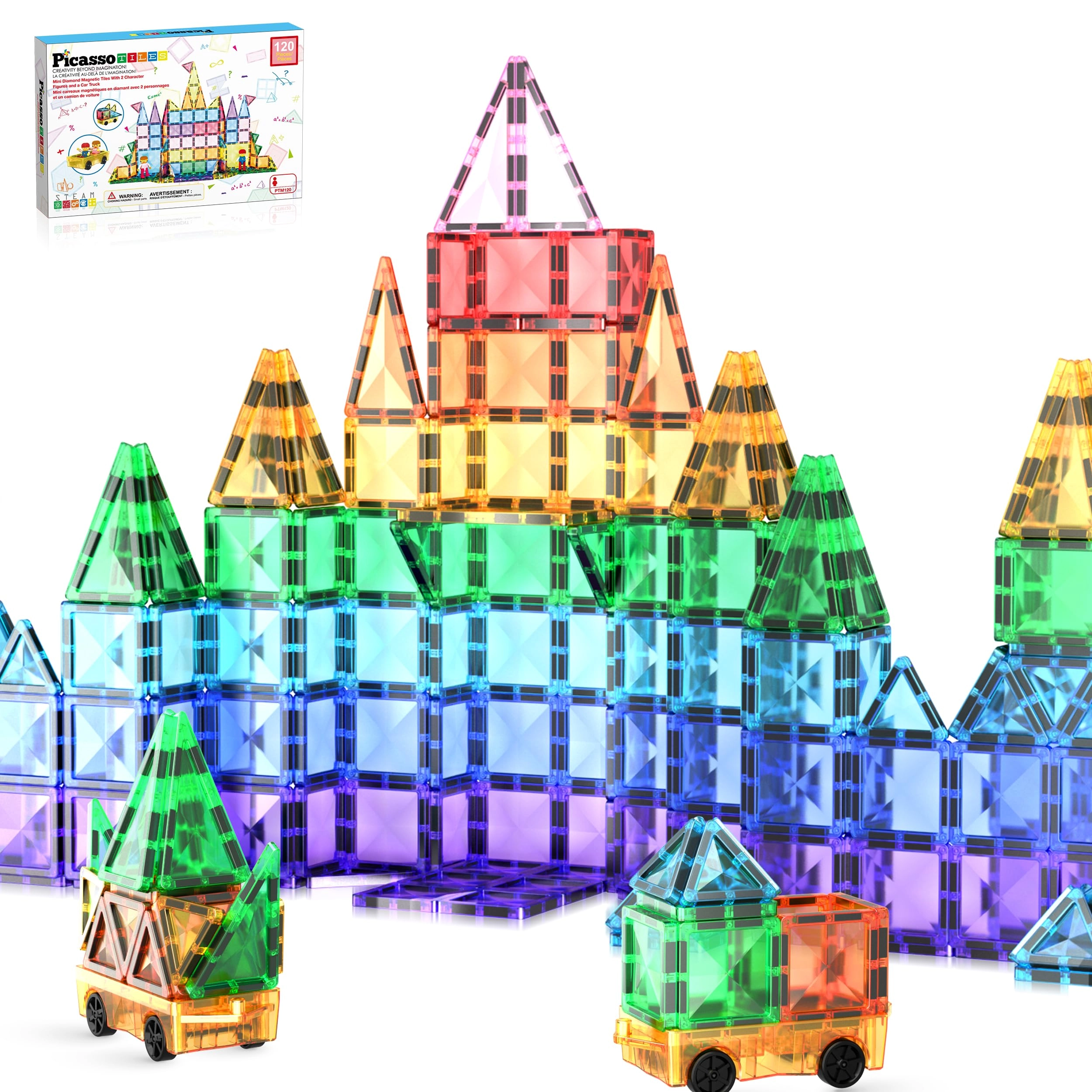 PicassoTiles Magnetic Tiles Mini Diamond - 2 Character Construction 120 pcs