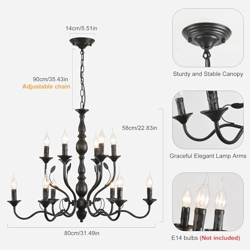 Ceiling Chandelier - French Country Black 12-Lights