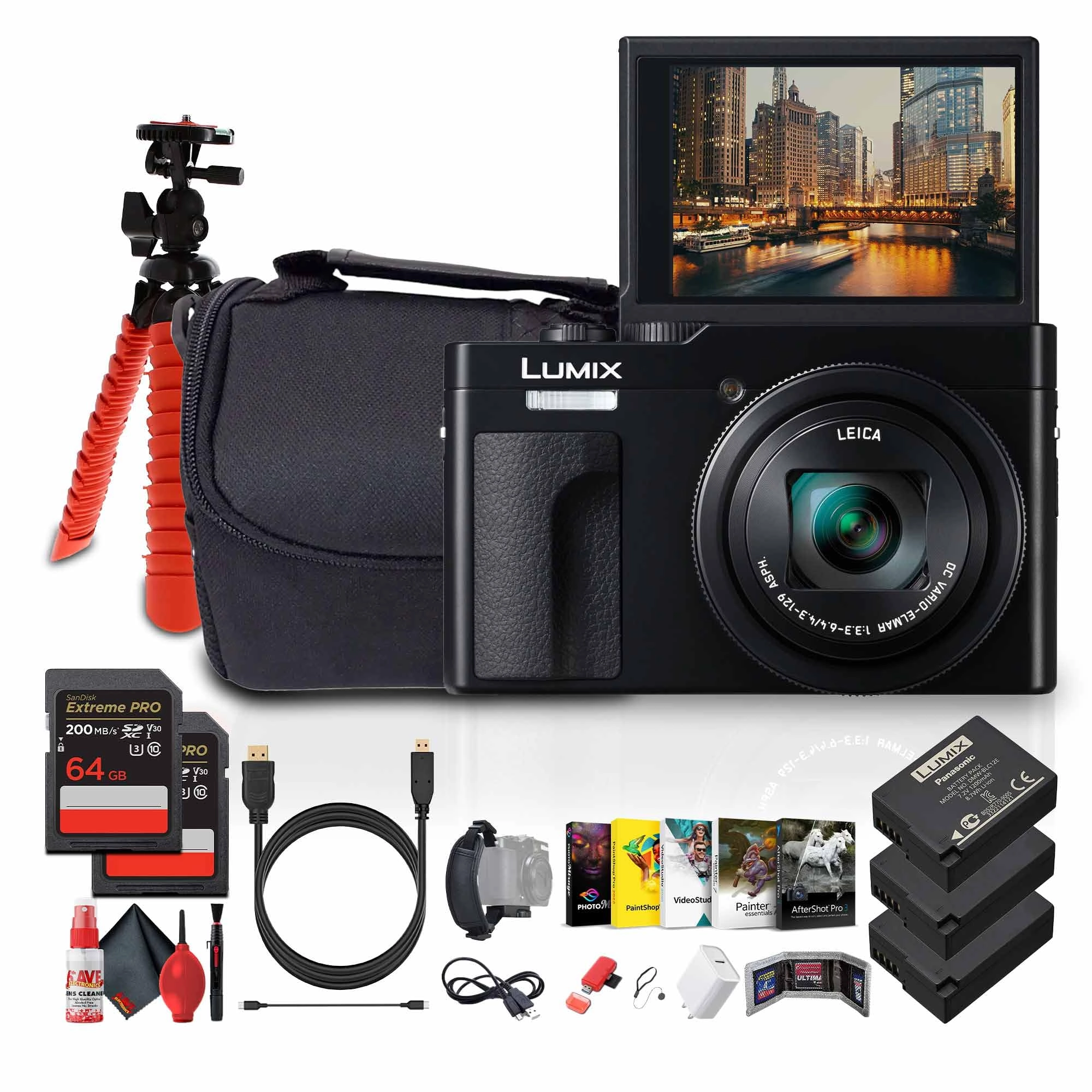 Panasonic ZS99 + Photography Software + 64GB Memory Card + DMW-BLG10 Battery + Camera Bag + Flexible Tripod
