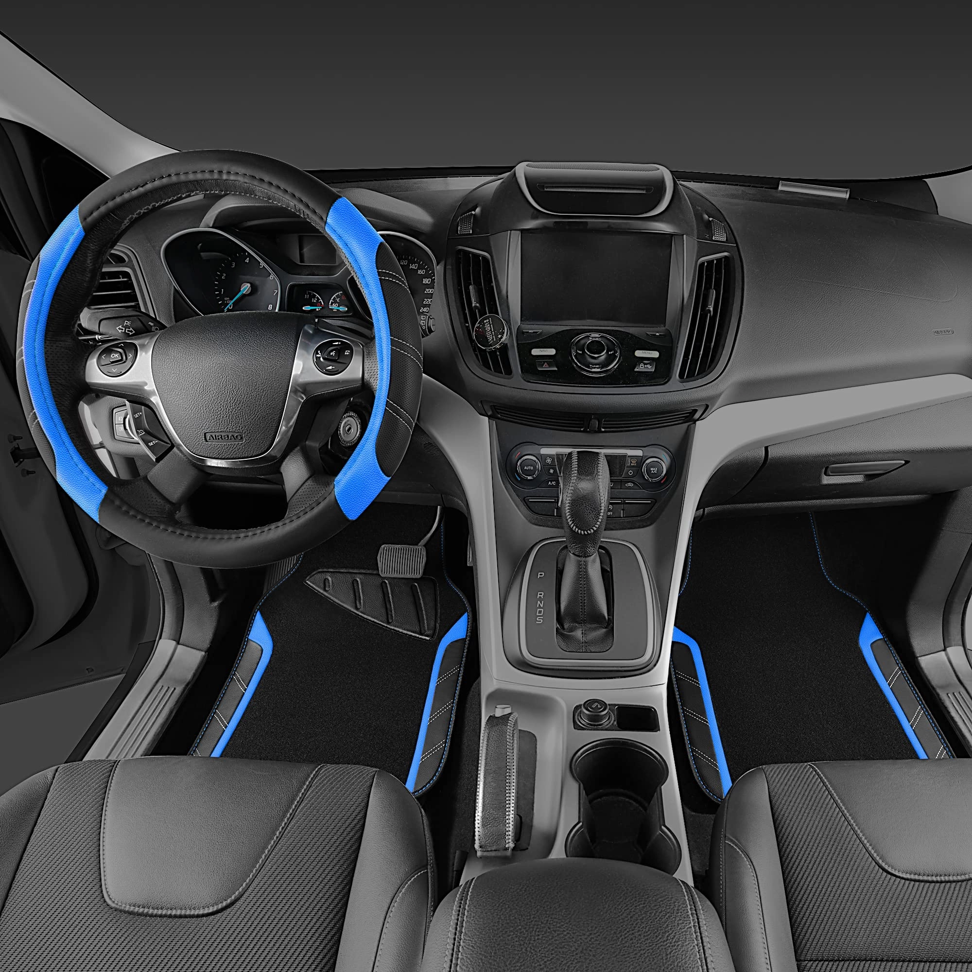 Car Seat Covers - Air Mesh Leather + Car Floor Mats - Waterproof + Steering Wheel Cover - Sporty