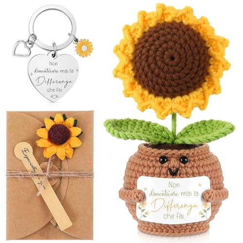 Sunflower Doll - knitted 15 x 5 cm + Keyring - stainless steel + Envelope with Dried Flowers