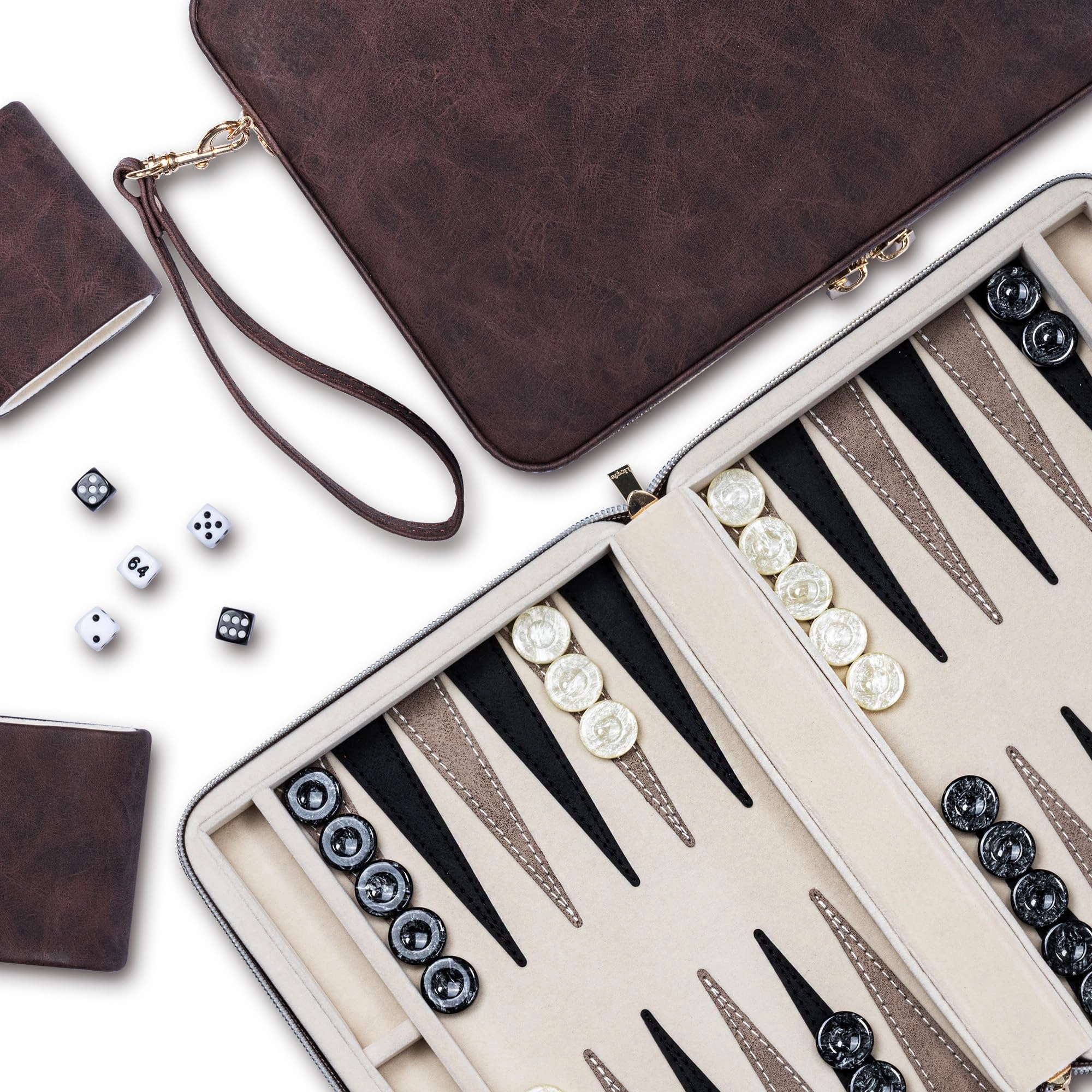 Backgammon Set - Foldable Leather Backgammon Case 30 Artificial Horn Checkers