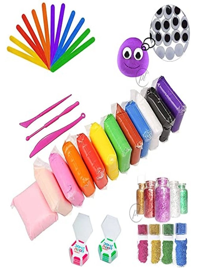 Promote Art Air Dry Clay + Ice Cream Sticks + Neon Eraser + Googly Eyes + Glitter 12pcs.