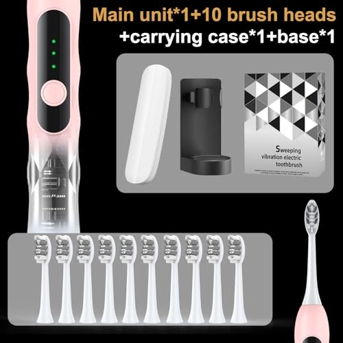 Oscillation&Vibration Sonic Electric Toothbrush - 10 Brush Heads 48000VPM 5 Cleaning Modes
