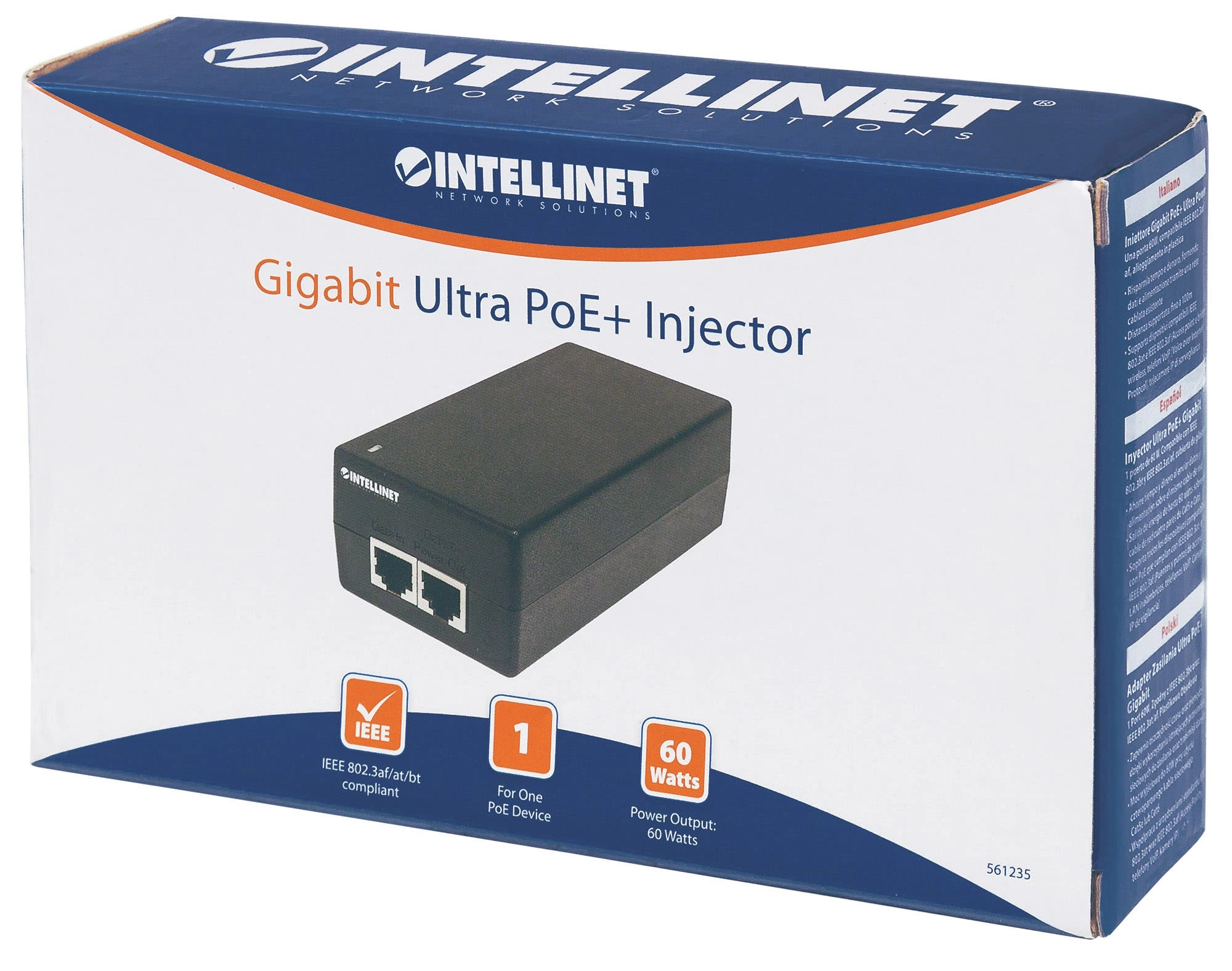 Gigabit Ultra PoE+ Injector - 48 Volts 60 watts One RJ45
