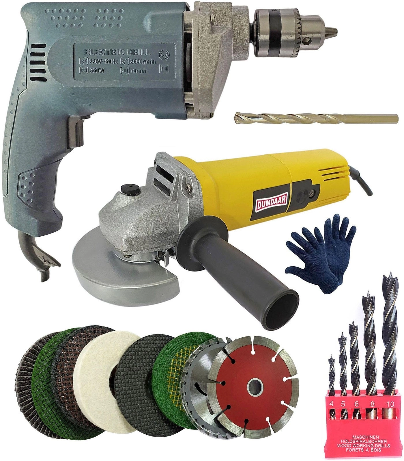 Inditrust Electric drill machine - 10mm + Angle grinder machine - 100mm + Grinder wheel set - 8pcs + Drill bit set - 5pc Wood 1pc Masonry + Gloves - Pack of 13