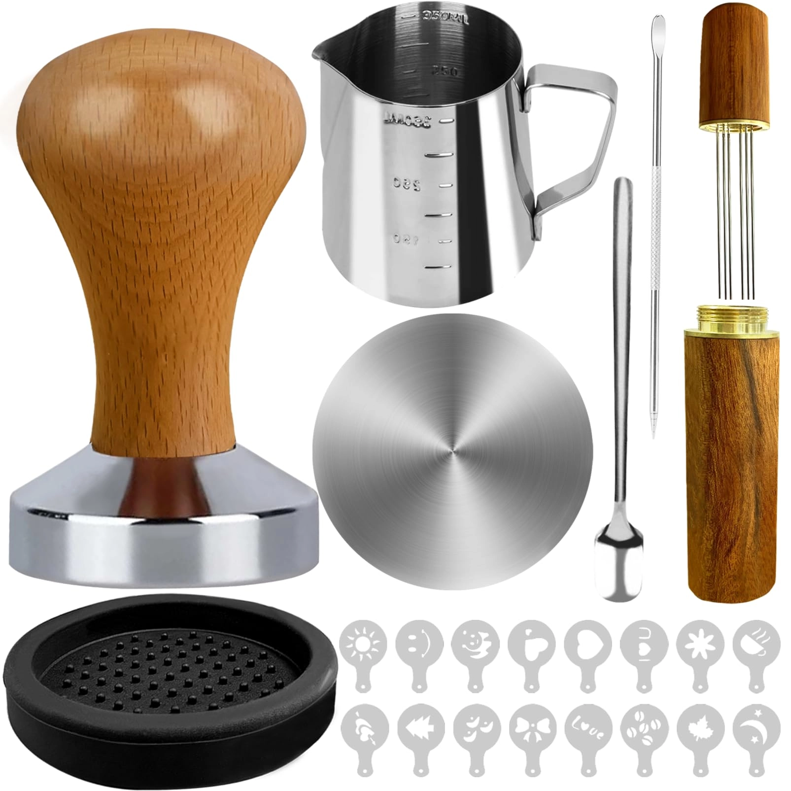 Espresso Tamper - 51mm + WDT Tool + Frothing Pitcher - 350ml + Latte Art Pen + Coffee Stirrer + Tamper Mat + Coffee Stencils - 16pcs