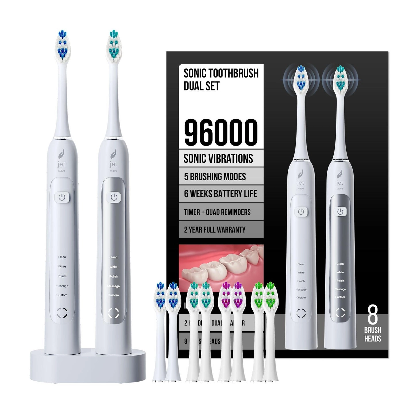 Acteh Sonic Electric Toothbrush - Dual Set 5 Modes White