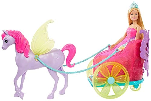 Barbie Dreamtopia Princess Doll - 11.5-in Blonde + Fantasy Horse - Translucent Yellow Wings + Chariot - Vibrant Pink