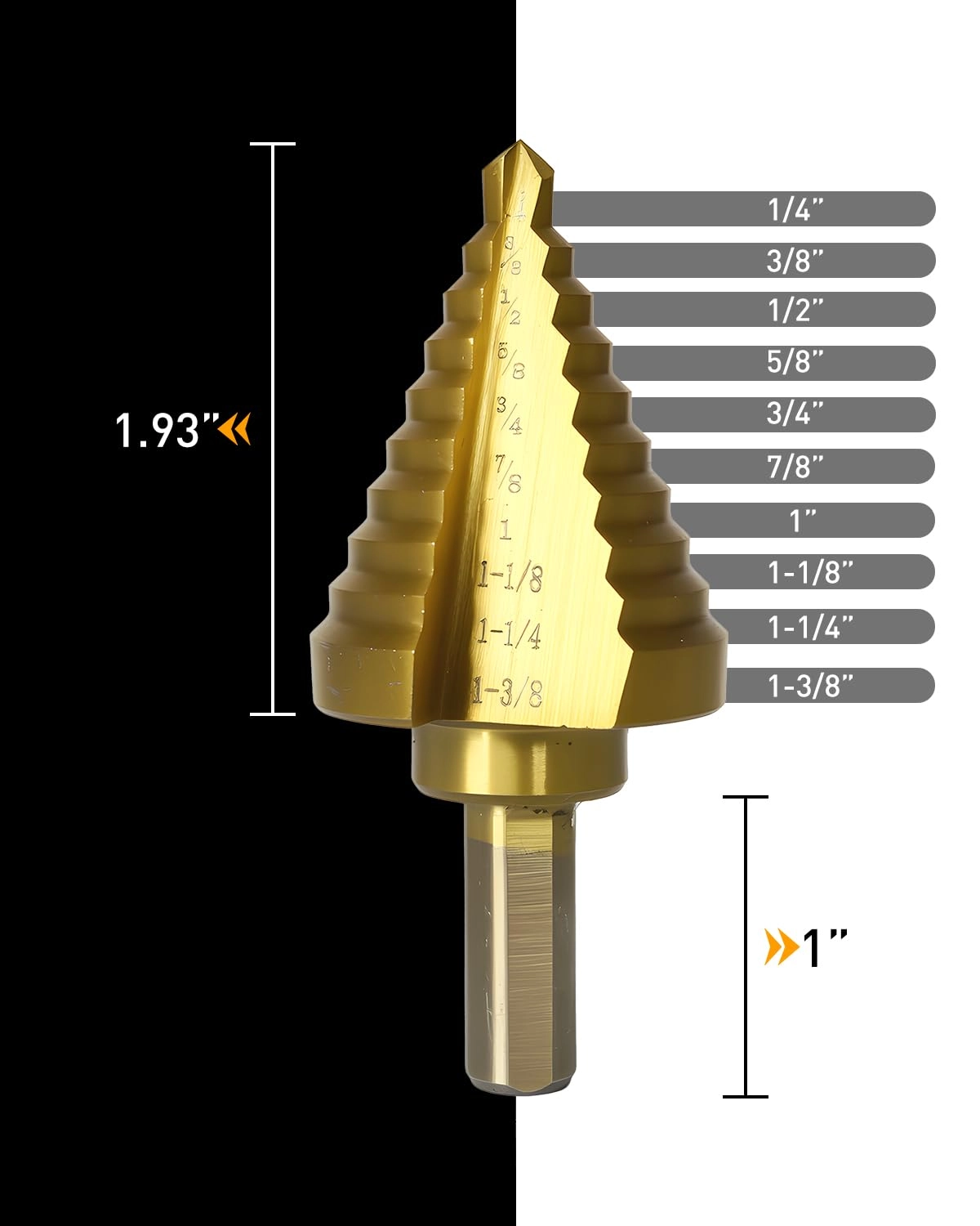 Step Drill Bit - Titanium Coated Total 10 Sizes from 1/4" to 1-3/8"