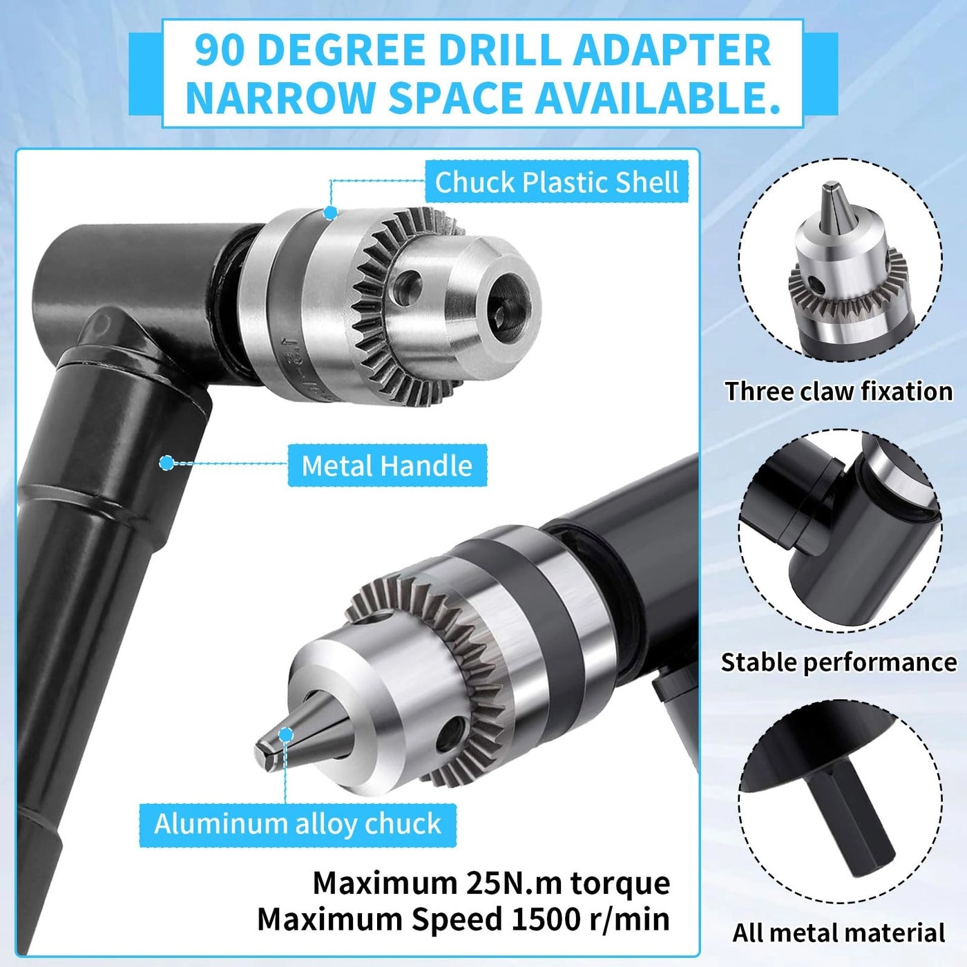 Right Angle Drill Adapter - Cordless 3/8" Keyed Chuck 8mm Hex Shank
