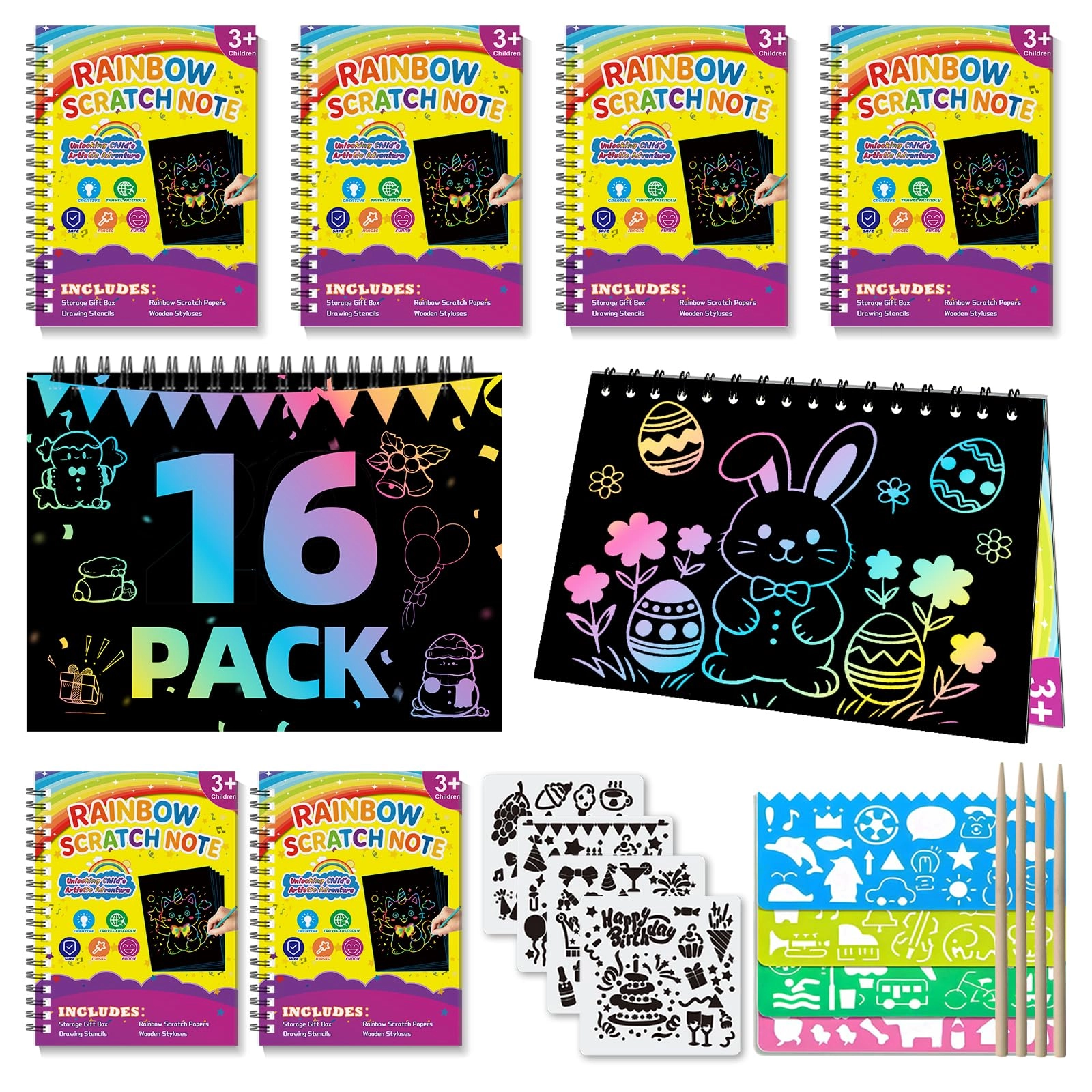 zhaoqingraozezhinengshebeiyouxiangongsi Scratch Art for Kids - 16Pack ( 10 Pages Each) 16pcs wooden styluses