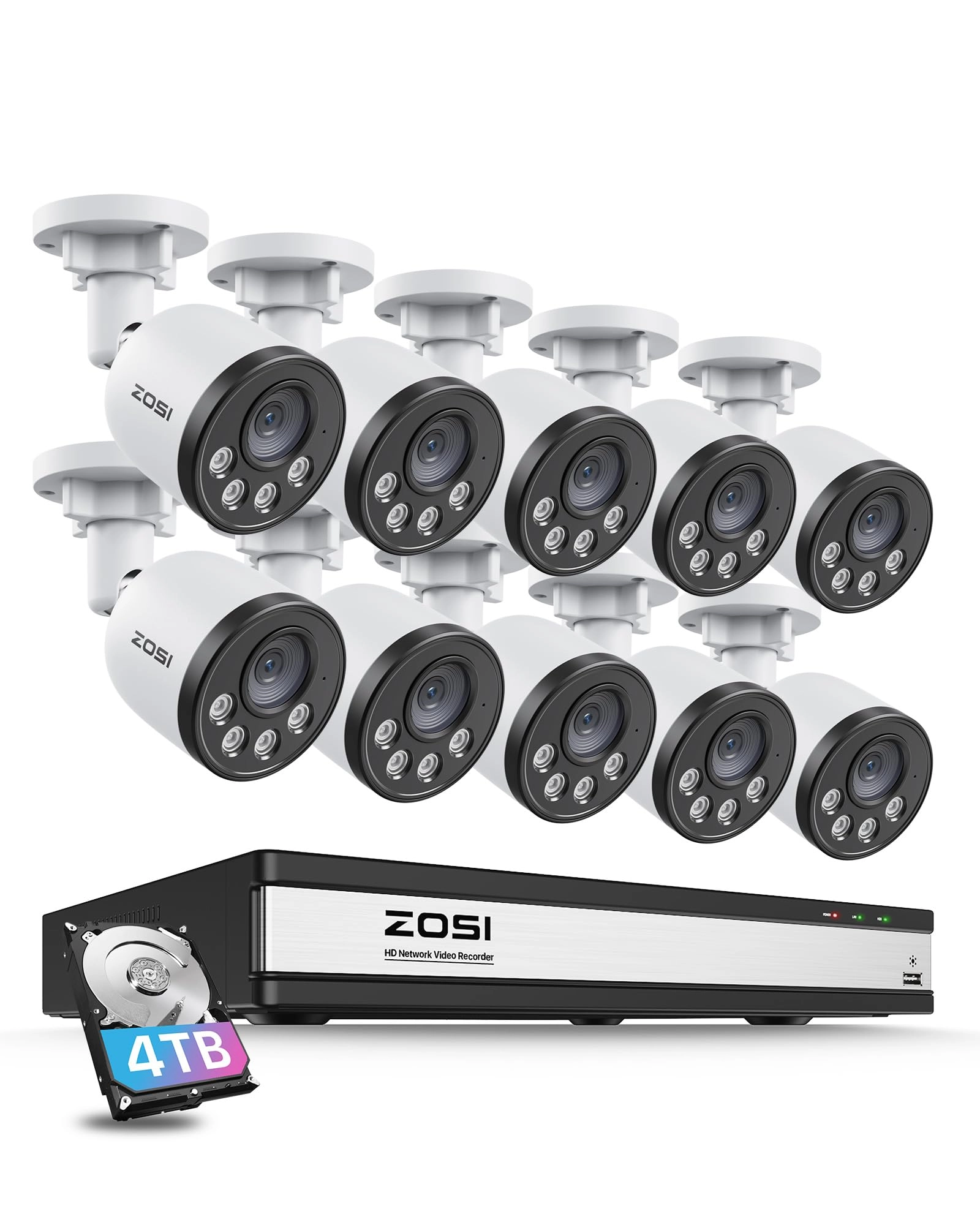 Zosi 16 Channel NVR - 16 channels 4TB + 4MP PoE IP Camera - 10pcs 100ft Night Vision
