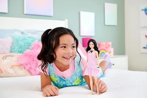 Fashionistas #224 - Black Wavy Hair Pink Gingham Dress Ages 3+