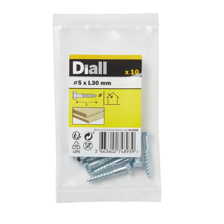Diall Zinc-Plated Carbon Steel Hex Coach Screw Pack 5mm 30mm