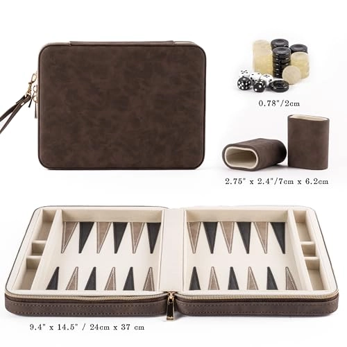 Backgammon Set - Foldable Leather Backgammon Case 30 Artificial Horn Checkers