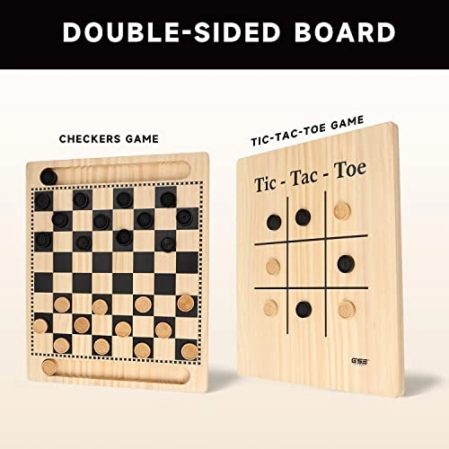 2-in-1 Wooden Checkers Tic-Tac-Toe Board