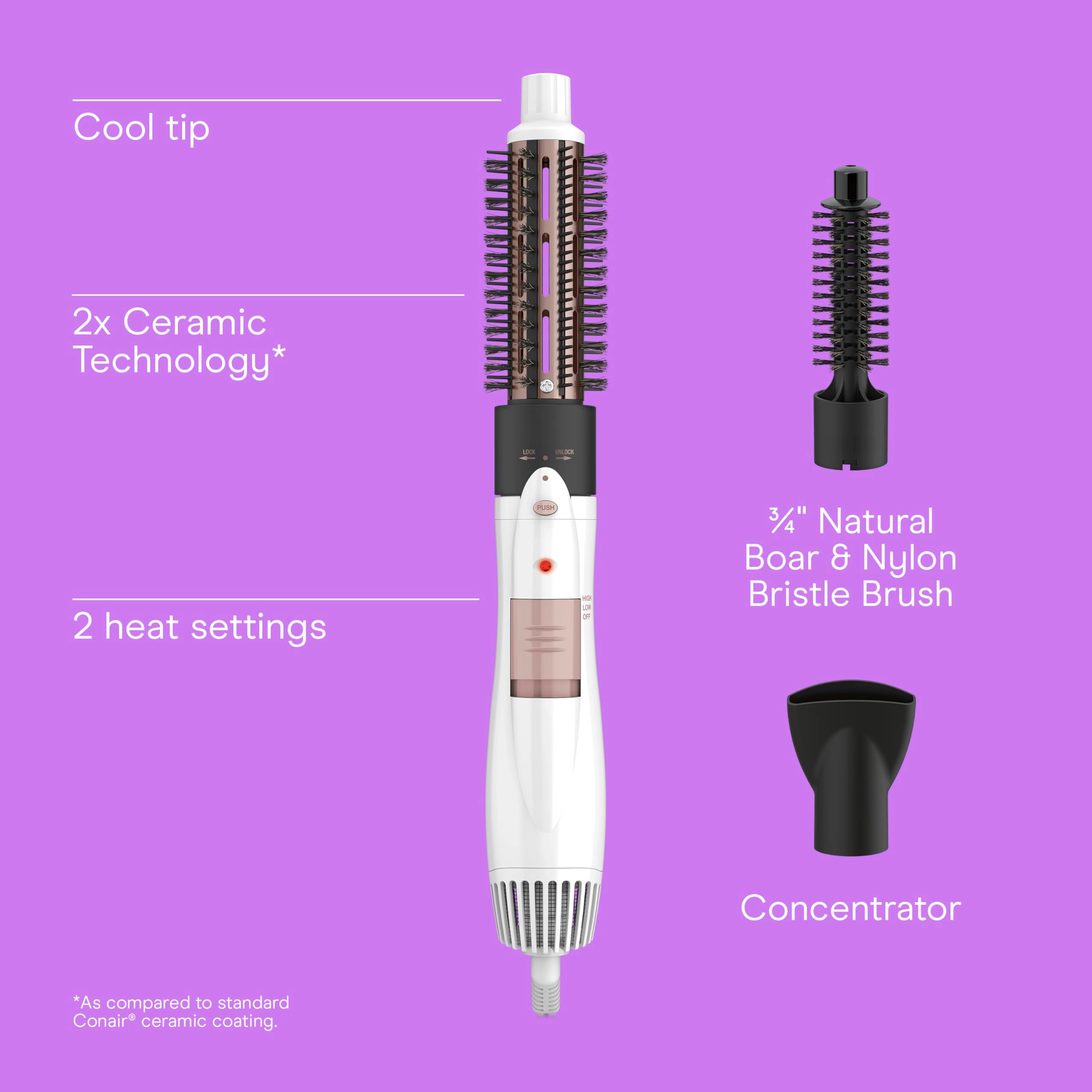 Double Ceramic 3-in-1 Hot Air Brush - 1000W White