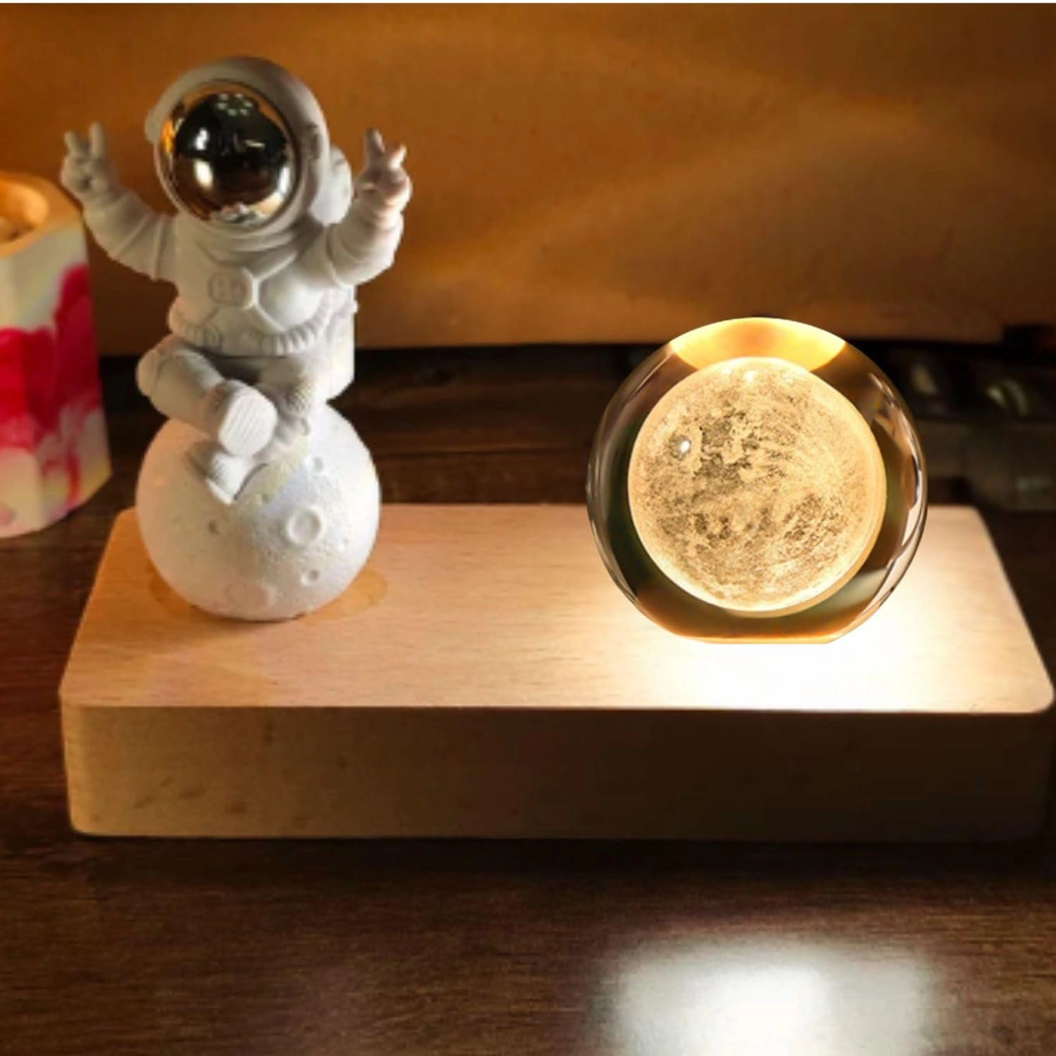3D Crystal Moon Lamp - USB-Powered Wooden Base