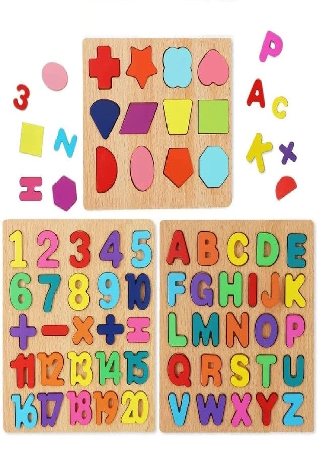 Wooden Alphabet Numbers and Shapes Puzzle Set - 3 pieces