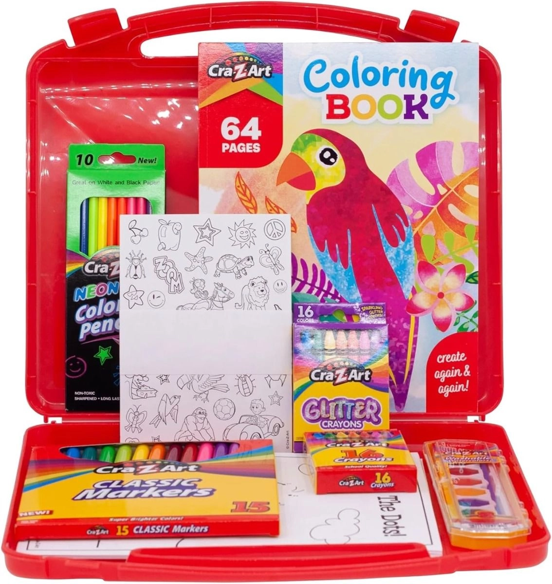 Awesome Arts Case - 85 pieces 16 crayons 16 glitter crayons 10 neon colored pencils 15 fineline markers 8 watercolors 1 paint brush