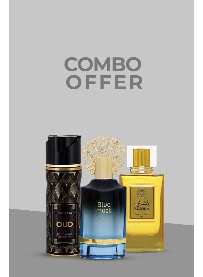 Naseem Blue Musk Eau de Parfum 55ml + Bushra Eau de Parfum 80ml + Oud Body Spray 200ml