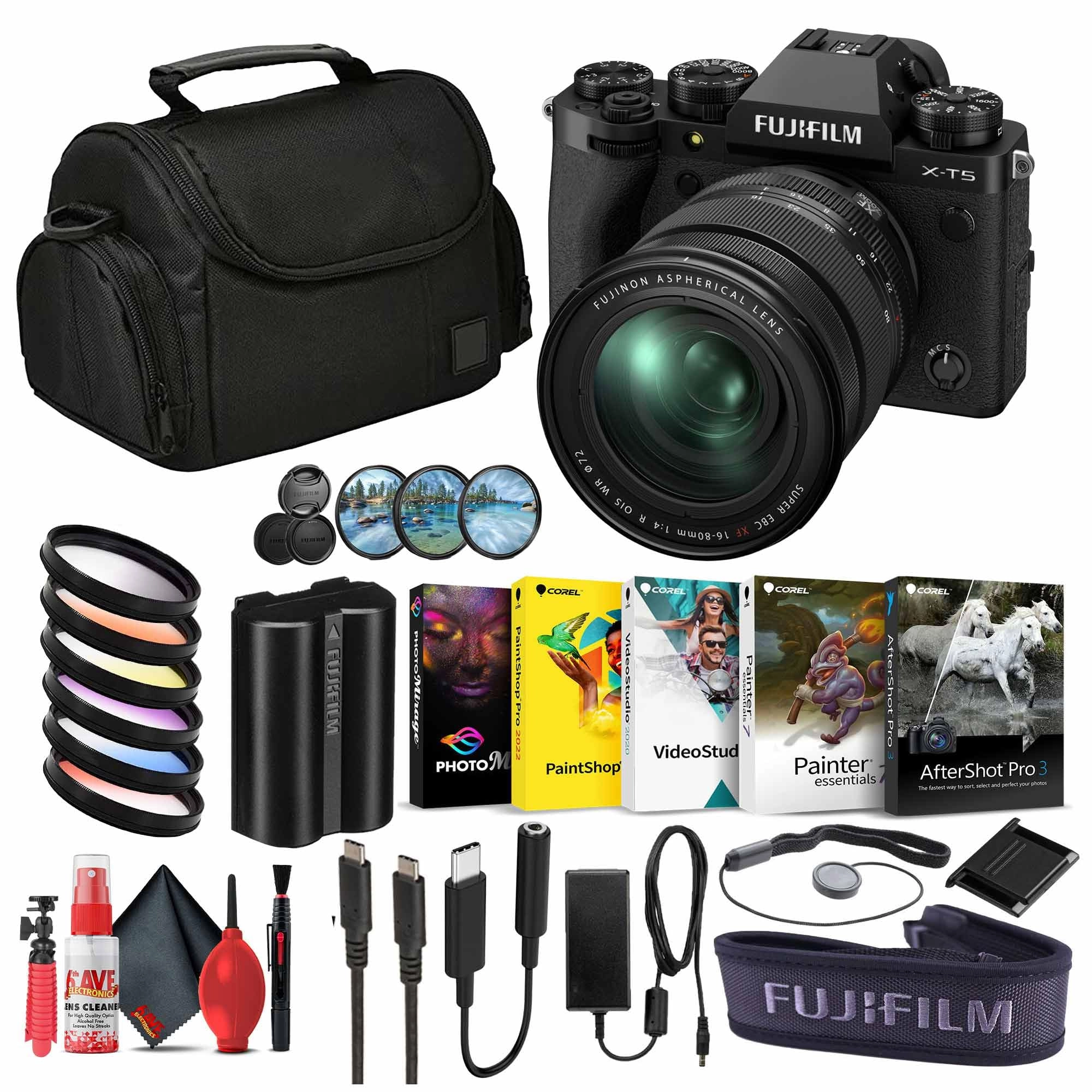 X-T5 + SF-M Tough Series + Cleaning kit + Flexible Vlogging Tripod + Memory Card Wallet + USB Card Reader + Filter Kit + Travel Camera Bag