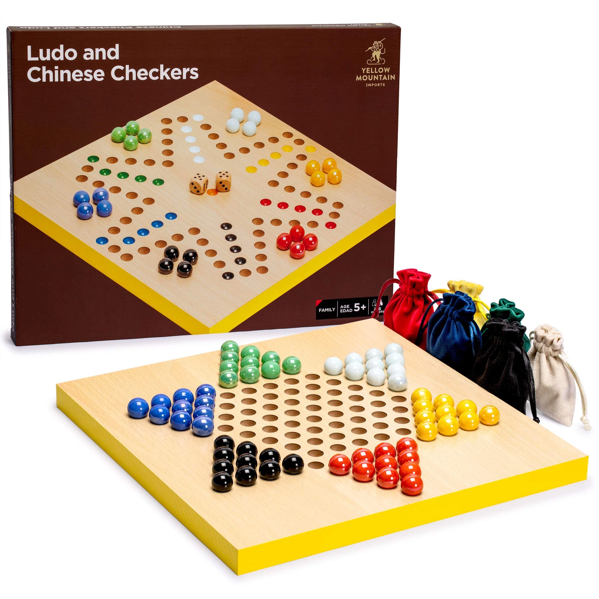Yellow Mountain Imports Reversible Ludo and Chinese Lady Halma - 2-in-1 Wood and Glass Marble 60 Pieces